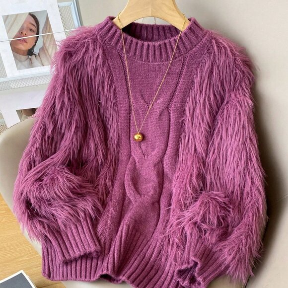 Purple Casual Women's Stand Collar Fuzzy Long Sleeve Sweater - Picture 3 of 7